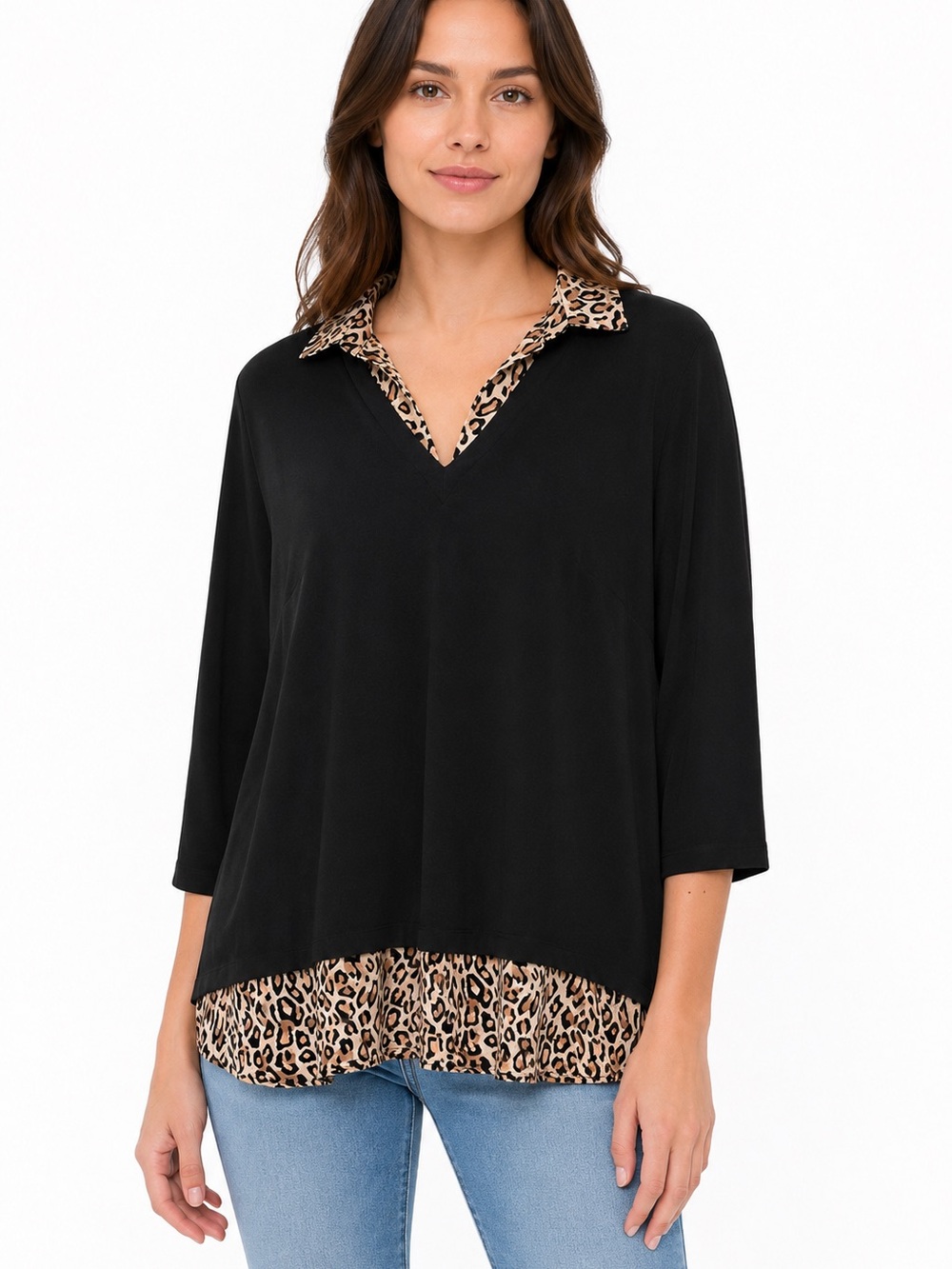 Leopard Print Layered Look Top | Black 3/4 Sleeve Blouse | Women’s Size XL